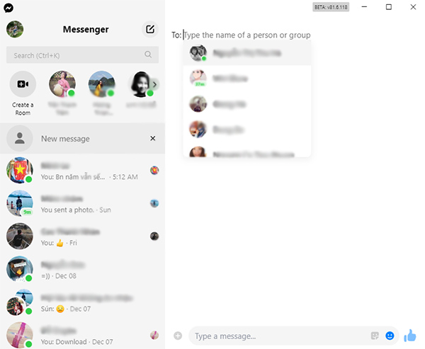 Màn hình chính Facebook Messenger trên máy tính