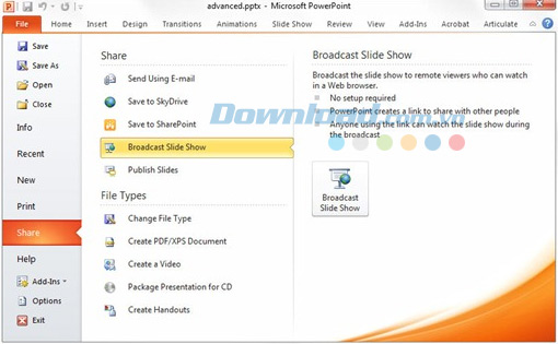 Microsoft Office 2010 hỗ trợ tính năng Broadcast Slide Show