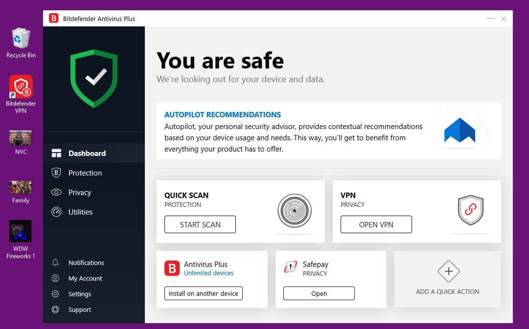 Giao diện phần mềm diệt virus Bitdefender Antivirus Plus 2019