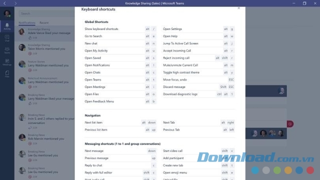 Đặt phím tắt trong ứng dụng Microsoft Teams trên máy tính